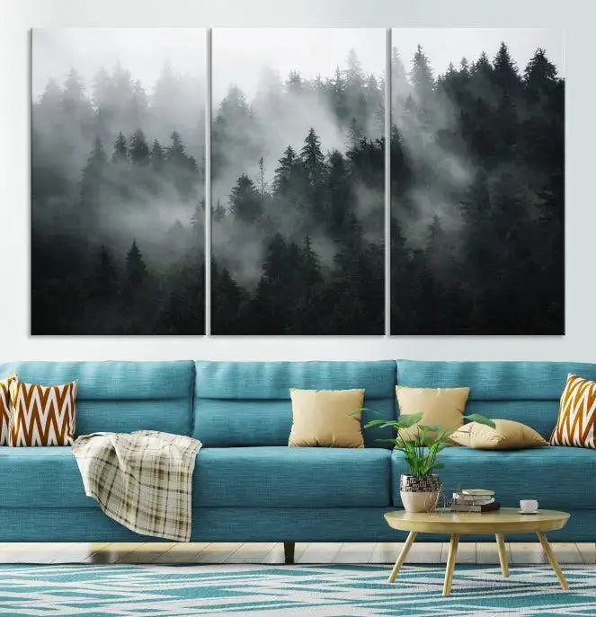 Foggy Forest Wall Art Canvas Print | 3 Panel Large Misty Landscape for Dining Room, Office, or Living Room | Ready to Hang Nature Deco