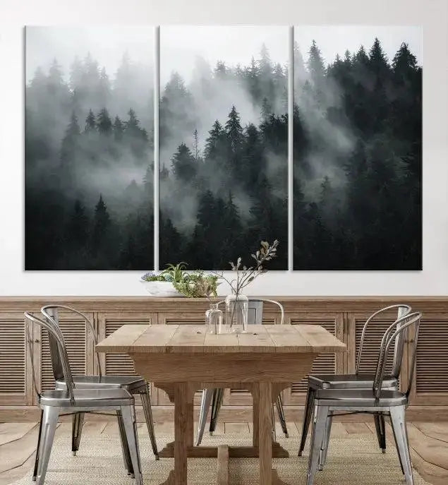 Foggy Forest Wall Art Canvas Print | 3 Panel Large Misty Landscape for Dining Room, Office, or Living Room | Ready to Hang Nature Deco