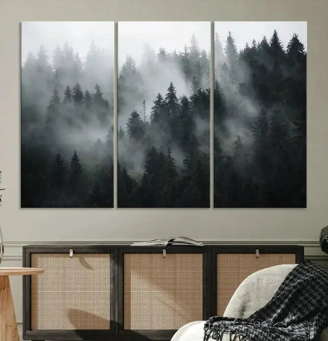 Foggy Forest Wall Art Canvas Print | 3 Panel Large Misty Landscape for Dining Room, Office, or Living Room | Ready to Hang Nature Deco