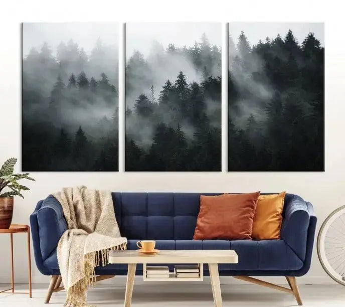 Foggy Forest Wall Art Canvas Print | 3 Panel Large Misty Landscape for Dining Room, Office, or Living Room | Ready to Hang Nature Deco