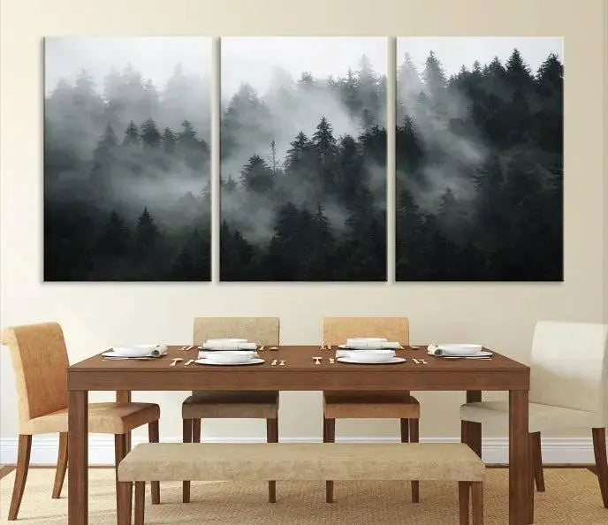Foggy Forest Wall Art Canvas Print | 3 Panel Large Misty Landscape for Dining Room, Office, or Living Room | Ready to Hang Nature Deco