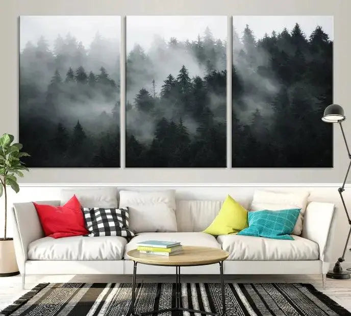 Foggy Forest Wall Art Canvas Print | 3 Panel Large Misty Landscape for Dining Room, Office, or Living Room | Ready to Hang Nature Deco