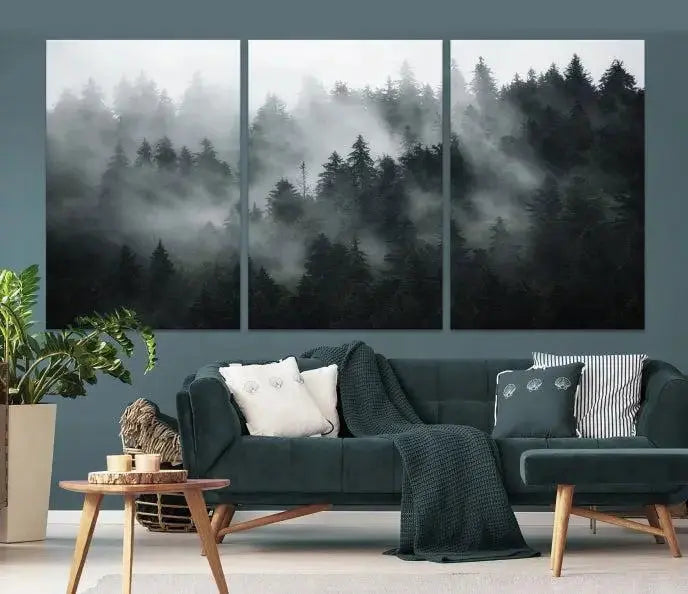 Foggy Forest Wall Art Canvas Print | 3 Panel Large Misty Landscape for Dining Room, Office, or Living Room | Ready to Hang Nature Deco