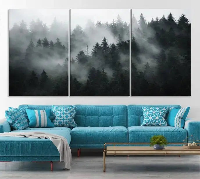 Foggy Forest Wall Art Canvas Print | 3 Panel Large Misty Landscape for Dining Room, Office, or Living Room | Ready to Hang Nature Deco