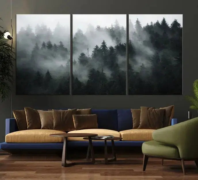 Foggy Forest Wall Art Canvas Print | 3 Panel Large Misty Landscape for Dining Room, Office, or Living Room | Ready to Hang Nature Deco
