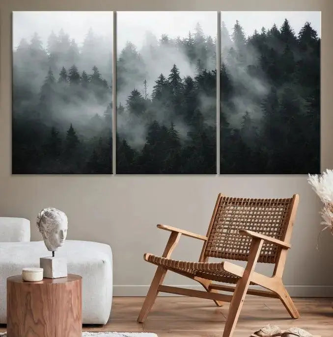 Foggy Forest Wall Art Canvas Print | 3 Panel Large Misty Landscape for Dining Room, Office, or Living Room | Ready to Hang Nature Deco