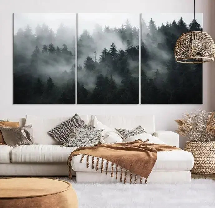 Foggy Forest Wall Art Canvas Print | 3 Panel Large Misty Landscape for Dining Room, Office, or Living Room | Ready to Hang Nature Deco