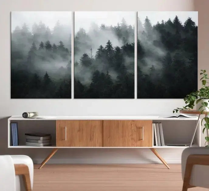 Foggy Forest Wall Art Canvas Print | 3 Panel Large Misty Landscape for Dining Room, Office, or Living Room | Ready to Hang Nature Deco