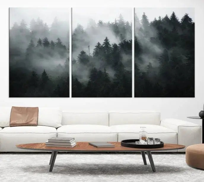 Foggy Forest Wall Art Canvas Print | 3 Panel Large Misty Landscape for Dining Room, Office, or Living Room | Ready to Hang Nature Deco