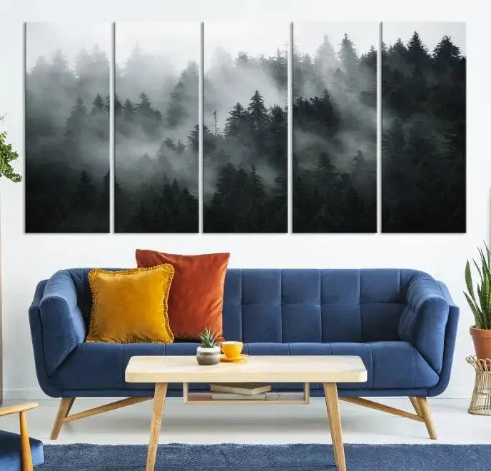 Foggy Forest Wall Art Canvas Print | 3 Panel Large Misty Landscape for Dining Room, Office, or Living Room | Ready to Hang Nature Deco
