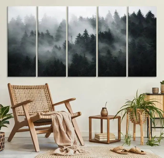 Foggy Forest Wall Art Canvas Print | 3 Panel Large Misty Landscape for Dining Room, Office, or Living Room | Ready to Hang Nature Deco