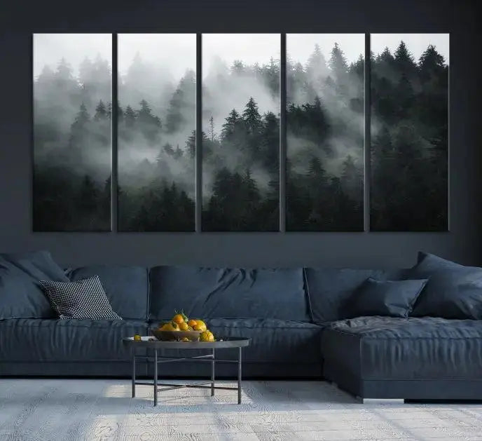 The dining area features a stunning Foggy Forest Wall Art Canvas Print. This 3-panel misty landscape enhances the room with a serene atmosphere, perfect for any dining space.