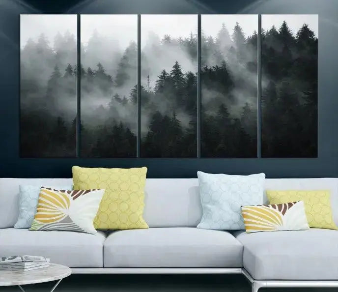 The dining area features a stunning Foggy Forest Wall Art Canvas Print. This 3-panel misty landscape enhances the room with a serene atmosphere, perfect for any dining space.