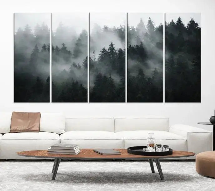 The dining area features a stunning Foggy Forest Wall Art Canvas Print. This 3-panel misty landscape enhances the room with a serene atmosphere, perfect for any dining space.