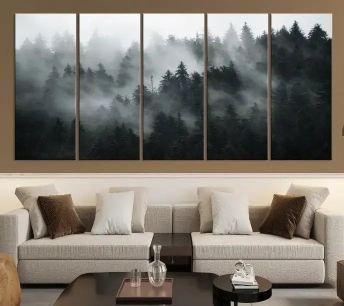 The dining area features a stunning Foggy Forest Wall Art Canvas Print. This 3-panel misty landscape enhances the room with a serene atmosphere, perfect for any dining space.
