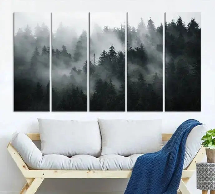 The dining area features a stunning Foggy Forest Wall Art Canvas Print. This 3-panel misty landscape enhances the room with a serene atmosphere, perfect for any dining space.