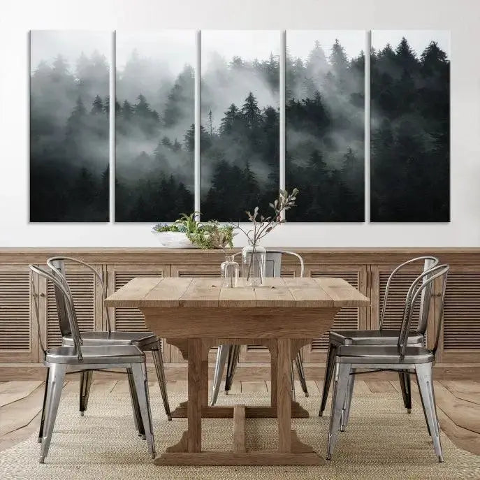 The dining area features a stunning Foggy Forest Wall Art Canvas Print. This 3-panel misty landscape enhances the room with a serene atmosphere, perfect for any dining space.