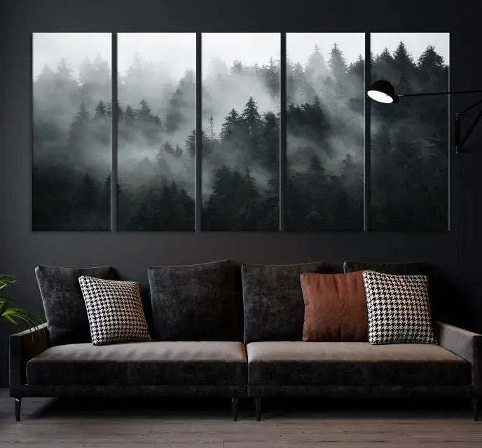 The dining area features a stunning Foggy Forest Wall Art Canvas Print. This 3-panel misty landscape enhances the room with a serene atmosphere, perfect for any dining space.