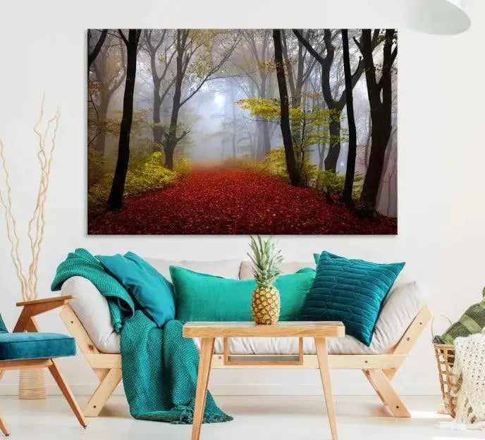 The Foggy Forest Wall Art Landscape Canvas Print beautifully enhances the space. This triptych artwork showcases a misty autumn forest with a red-leafed path, presented on museum-quality canvases with UV-protective coating for enduring allure. Enjoy the added benefit of free shipping on your purchase.