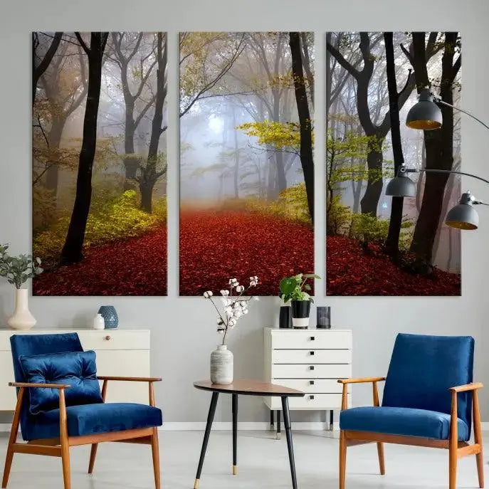 The Foggy Forest Wall Art Landscape Canvas Print beautifully enhances the space. This triptych artwork showcases a misty autumn forest with a red-leafed path, presented on museum-quality canvases with UV-protective coating for enduring allure. Enjoy the added benefit of free shipping on your purchase.