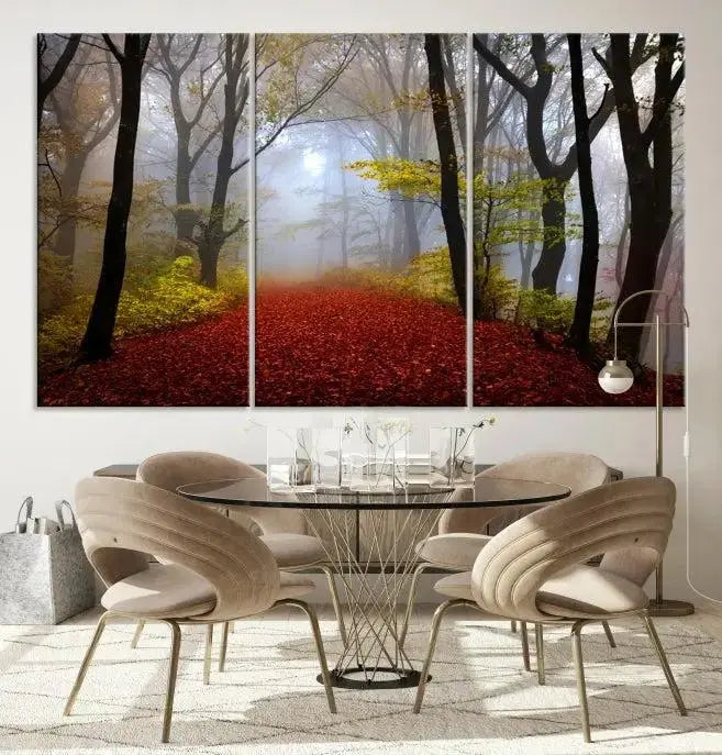 The Foggy Forest Wall Art Landscape Canvas Print beautifully enhances the space. This triptych artwork showcases a misty autumn forest with a red-leafed path, presented on museum-quality canvases with UV-protective coating for enduring allure. Enjoy the added benefit of free shipping on your purchase.