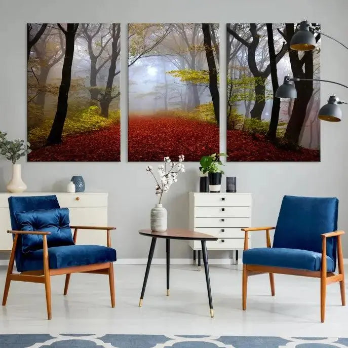 The Foggy Forest Wall Art Landscape Canvas Print beautifully enhances the space. This triptych artwork showcases a misty autumn forest with a red-leafed path, presented on museum-quality canvases with UV-protective coating for enduring allure. Enjoy the added benefit of free shipping on your purchase.