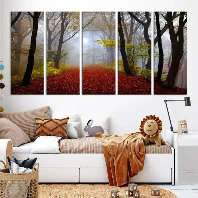 The Foggy Forest Wall Art Landscape Canvas Print beautifully enhances the space. This triptych artwork showcases a misty autumn forest with a red-leafed path, presented on museum-quality canvases with UV-protective coating for enduring allure. Enjoy the added benefit of free shipping on your purchase.