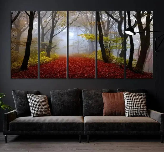 The Foggy Forest Wall Art Landscape Canvas Print beautifully enhances the space. This triptych artwork showcases a misty autumn forest with a red-leafed path, presented on museum-quality canvases with UV-protective coating for enduring allure. Enjoy the added benefit of free shipping on your purchase.