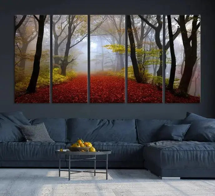 The Foggy Forest Wall Art Landscape Canvas Print beautifully enhances the space. This triptych artwork showcases a misty autumn forest with a red-leafed path, presented on museum-quality canvases with UV-protective coating for enduring allure. Enjoy the added benefit of free shipping on your purchase.