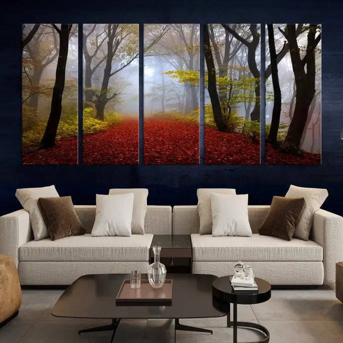 The Foggy Forest Wall Art Landscape Canvas Print beautifully enhances the space. This triptych artwork showcases a misty autumn forest with a red-leafed path, presented on museum-quality canvases with UV-protective coating for enduring allure. Enjoy the added benefit of free shipping on your purchase.