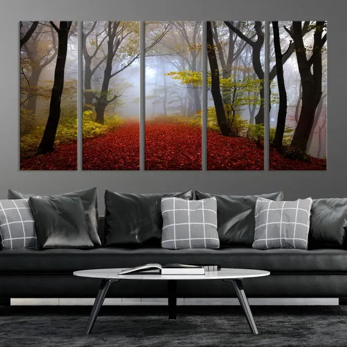 The Foggy Forest Wall Art Landscape Canvas Print beautifully enhances the space. This triptych artwork showcases a misty autumn forest with a red-leafed path, presented on museum-quality canvases with UV-protective coating for enduring allure. Enjoy the added benefit of free shipping on your purchase.