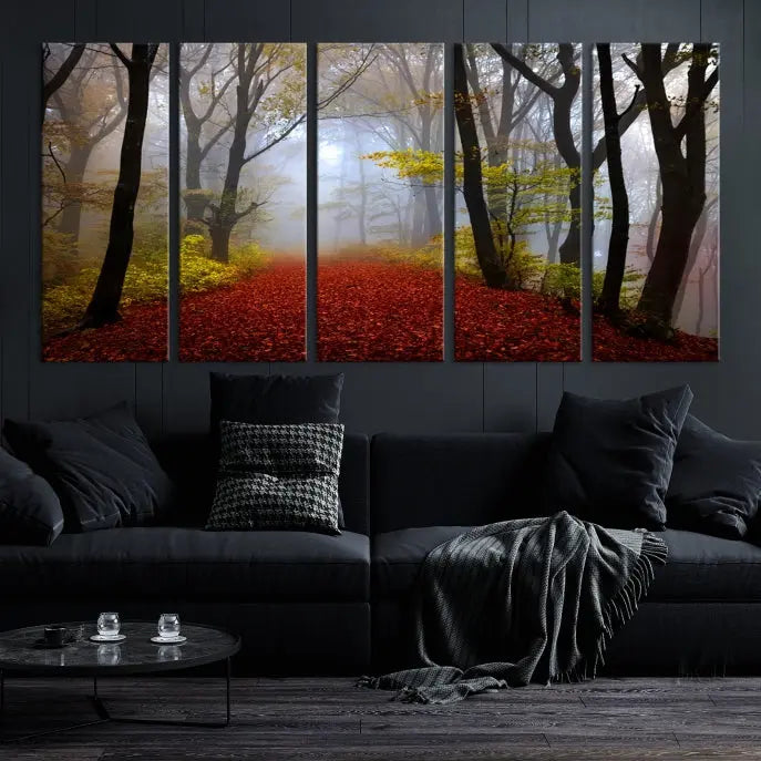 The Foggy Forest Wall Art Landscape Canvas Print beautifully enhances the space. This triptych artwork showcases a misty autumn forest with a red-leafed path, presented on museum-quality canvases with UV-protective coating for enduring allure. Enjoy the added benefit of free shipping on your purchase.