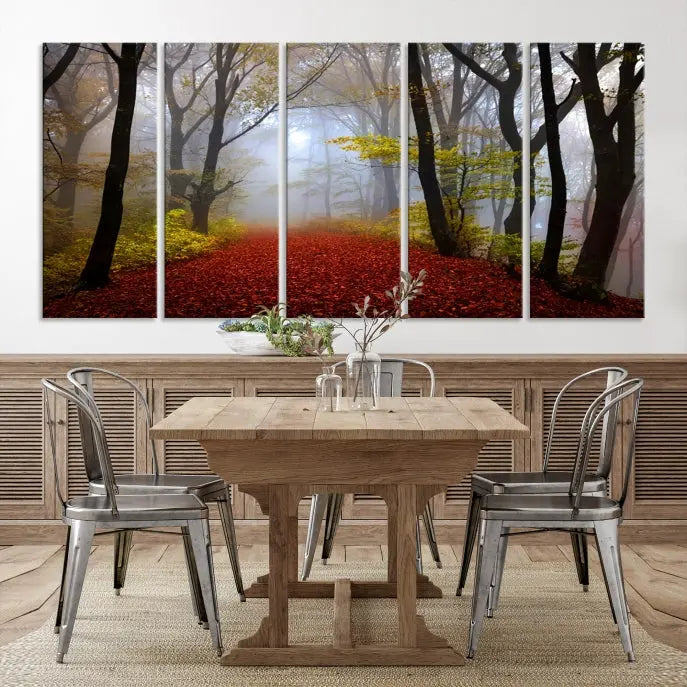 The Foggy Forest Wall Art Landscape Canvas Print beautifully enhances the space. This triptych artwork showcases a misty autumn forest with a red-leafed path, presented on museum-quality canvases with UV-protective coating for enduring allure. Enjoy the added benefit of free shipping on your purchase.