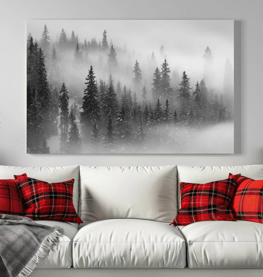 The living room showcases the Foggy Misty Forest Canvas Wall Art in black and white, presented as a triptych on the wall.