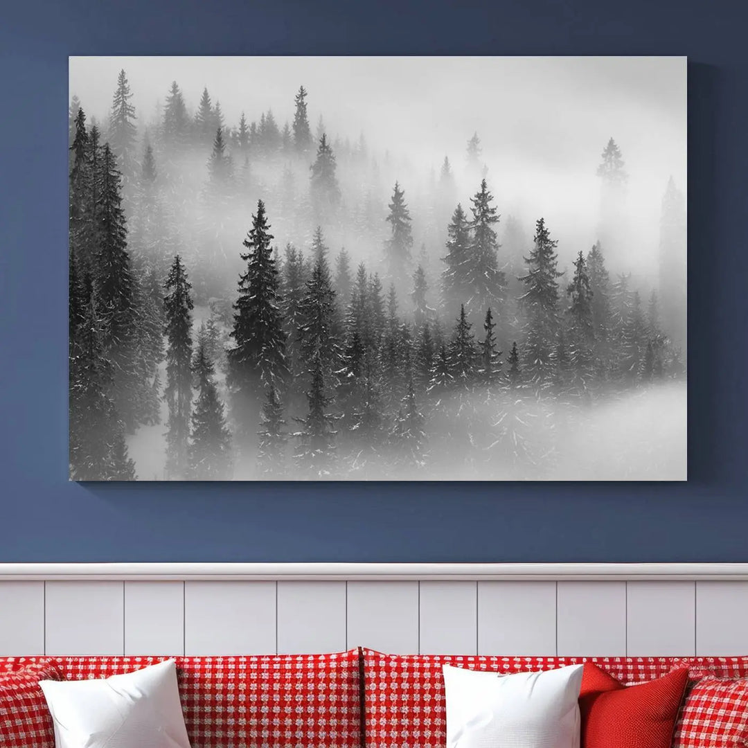 The living room showcases the Foggy Misty Forest Canvas Wall Art in black and white, presented as a triptych on the wall.