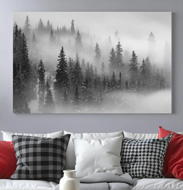 The living room showcases the Foggy Misty Forest Canvas Wall Art in black and white, presented as a triptych on the wall.