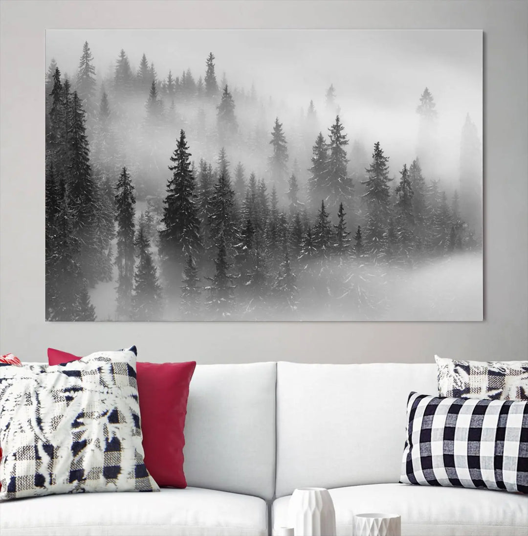 The living room showcases the Foggy Misty Forest Canvas Wall Art in black and white, presented as a triptych on the wall.