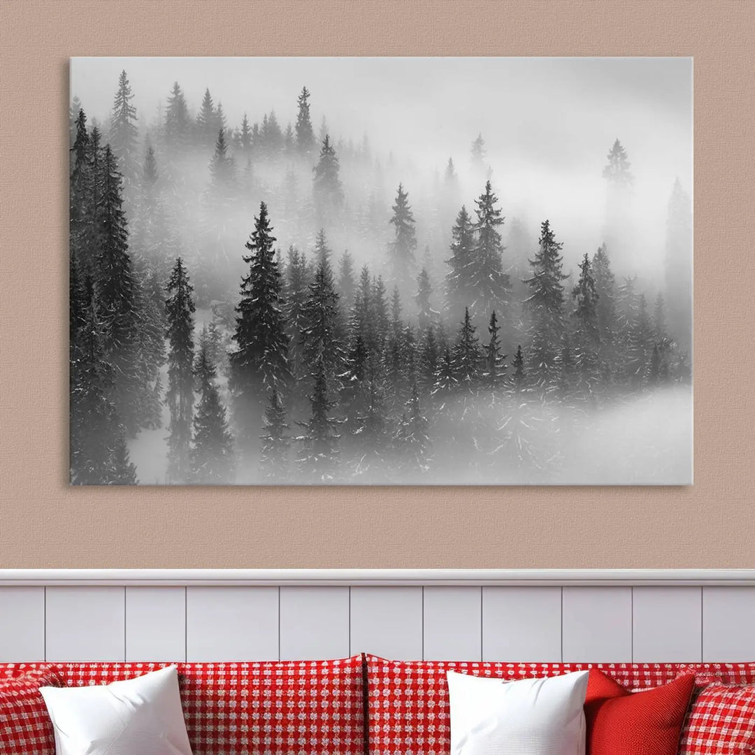 The living room showcases the Foggy Misty Forest Canvas Wall Art in black and white, presented as a triptych on the wall.