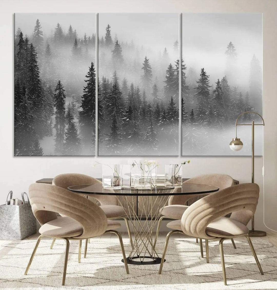 The living room showcases the Foggy Misty Forest Canvas Wall Art in black and white, presented as a triptych on the wall.