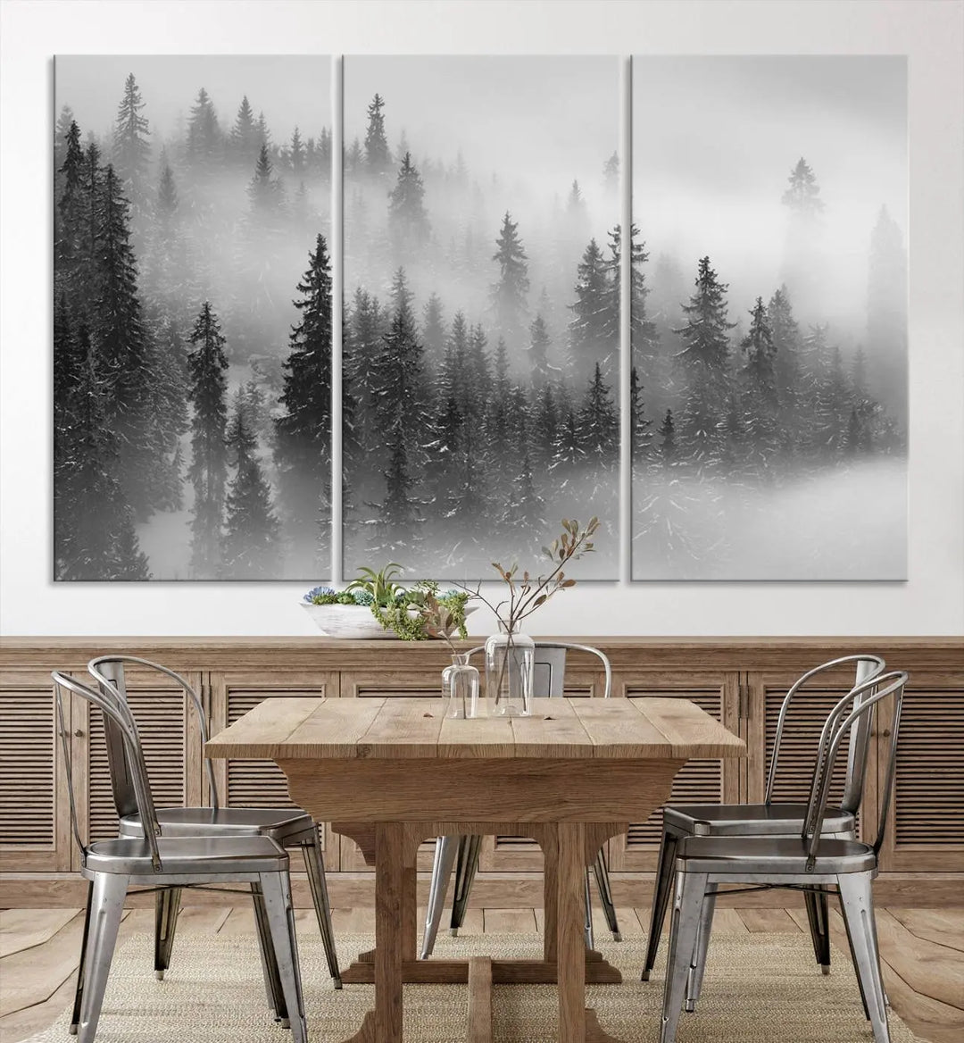 The living room showcases the Foggy Misty Forest Canvas Wall Art in black and white, presented as a triptych on the wall.