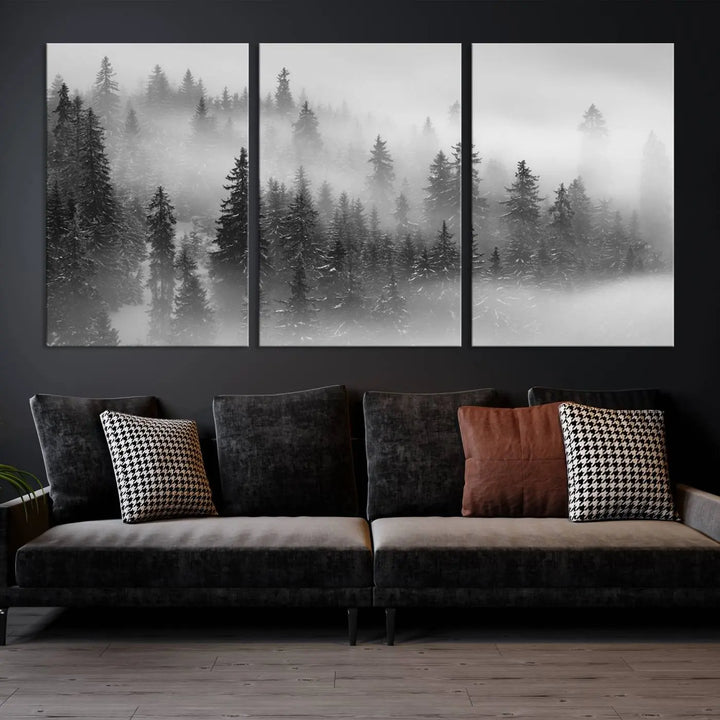 The living room showcases the Foggy Misty Forest Canvas Wall Art in black and white, presented as a triptych on the wall.