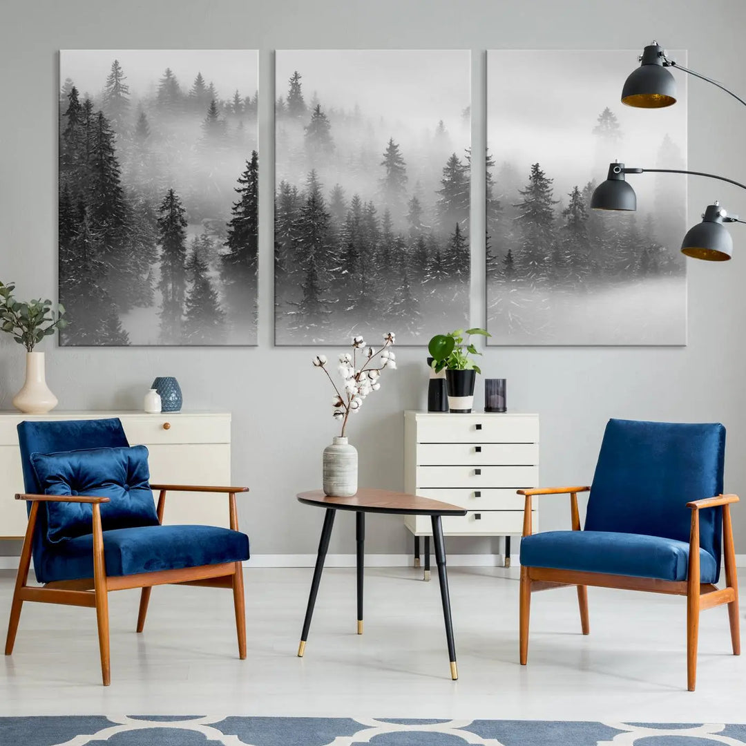 The living room showcases the Foggy Misty Forest Canvas Wall Art in black and white, presented as a triptych on the wall.