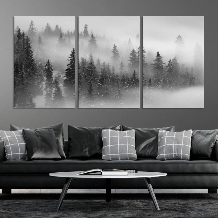 The living room showcases the Foggy Misty Forest Canvas Wall Art in black and white, presented as a triptych on the wall.