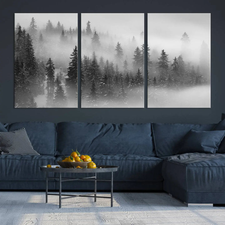 The living room showcases the Foggy Misty Forest Canvas Wall Art in black and white, presented as a triptych on the wall.