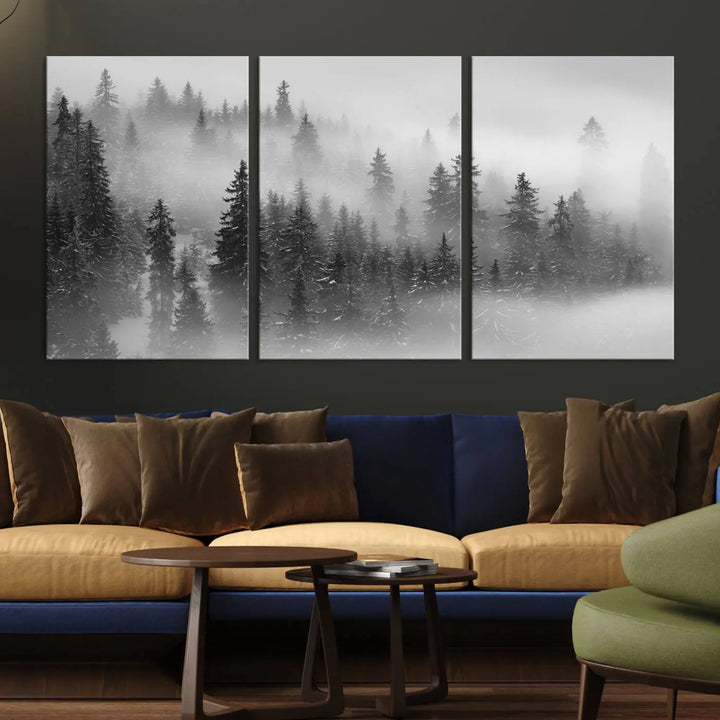 The living room showcases the Foggy Misty Forest Canvas Wall Art in black and white, presented as a triptych on the wall.