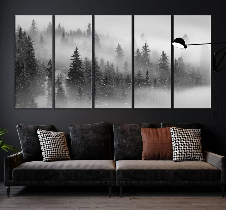 The living room showcases the Foggy Misty Forest Canvas Wall Art in black and white, presented as a triptych on the wall.