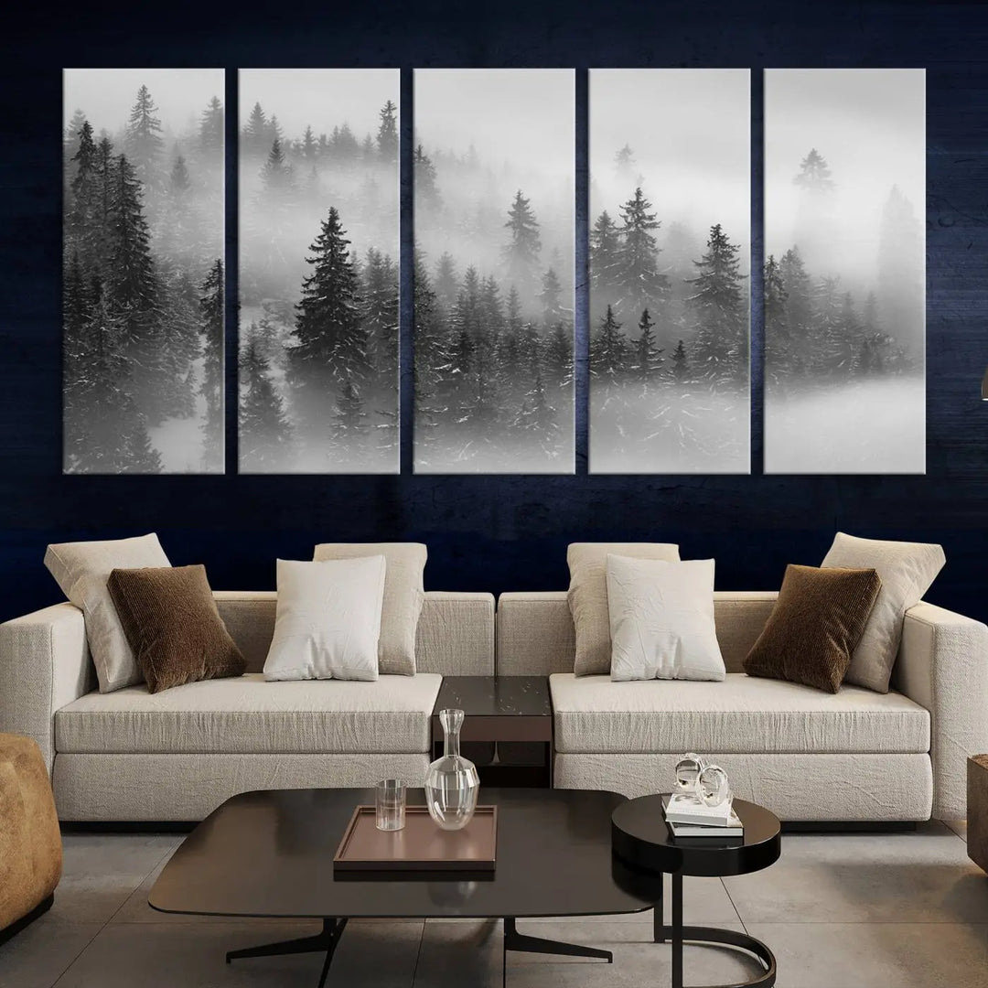 The living room showcases the Foggy Misty Forest Canvas Wall Art in black and white, presented as a triptych on the wall.