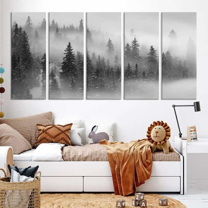 The living room showcases the Foggy Misty Forest Canvas Wall Art in black and white, presented as a triptych on the wall.