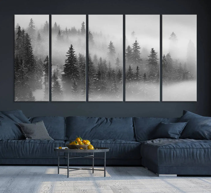 The living room showcases the Foggy Misty Forest Canvas Wall Art in black and white, presented as a triptych on the wall.