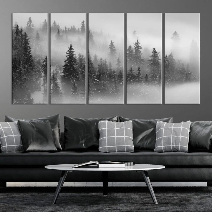 The living room showcases the Foggy Misty Forest Canvas Wall Art in black and white, presented as a triptych on the wall.